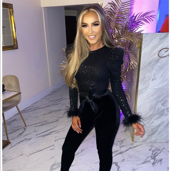 sequin feather embellished catsuit in black velvet - Picture 5 of 10